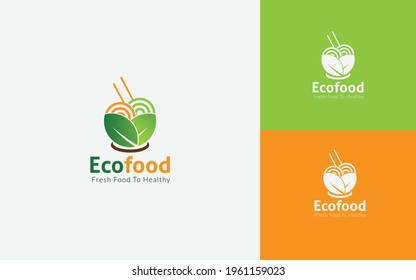 healthy food logo with the green leaves, noodles, chopstick concept 