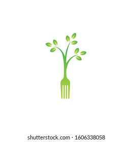 Healthy food logo with leaf elements, Restaurant logo with spoon and fork icon, Cafe or restaurant emblem