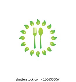 Healthy food logo with leaf elements, Restaurant logo with spoon and fork icon, Cafe or restaurant emblem