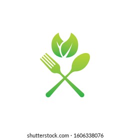 Healthy food logo with leaf elements, Restaurant logo with spoon and fork icon, Cafe or restaurant emblem