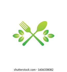 Healthy food logo with leaf elements, Restaurant logo with spoon and fork icon, Cafe or restaurant emblem