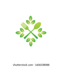 Healthy food logo with leaf elements, Restaurant logo with spoon and fork icon, Cafe or restaurant emblem