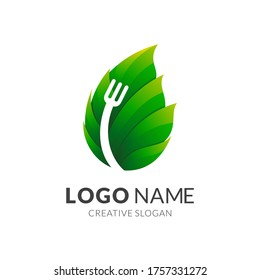 Healthy food logo, leaf and fork, 3d style green color