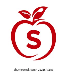 Healthy Food Logo On Letter S, Apple Health Care Vector Template. Apple Logo Template With S Letter Fork, Spoon Concept Restaurant Sign