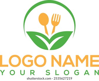 Healthy food logo . Organic food vector design. Fork, spoon and leaves logo icon