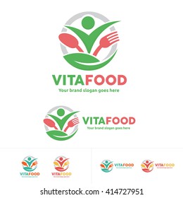Healthy Food Logo, People with Fork and Spoon Symbol