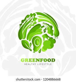 Healthy food logo. Round emblem of raw green food. Vector icon template for vegan restaurant, diet menu, natural products, fitness club, family farm.