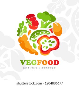 Healthy Food Logo. Round Emblem Of Raw Vegetables. Vector Icon Template For Vegan Restaurant, Diet Menu, Natural Products, Fitness Club, Family Farm.