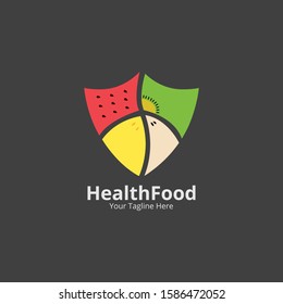 Healthy food logo. shield design  Vector icon template for vegan restaurant, diet menu, natural products. fruit assortment Store Logotype concept icon.