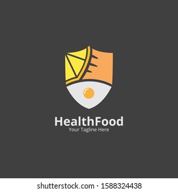 Healthy food logo. shield design  Vector icon template for vegan restaurant, diet menu, natural products. Bread egg  fruit assortment Store Logotype concept icon.