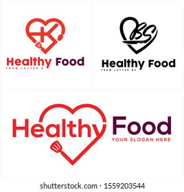 Healthy food logo with spatula spoon knife and heart red black vector suitable for food drink retail restaurant shop kitchen