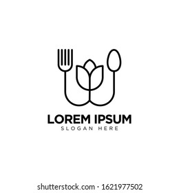 Healthy Food Logo with Spoon, Fork and Leaf, Restaurant Logo Design Template
