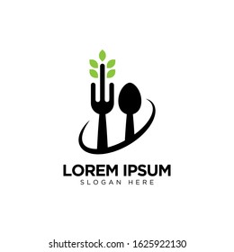 Healthy Food Logo with Spoon, Fork and Leaf, Restaurant Logo Design Template