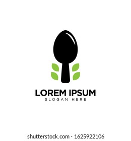 Healthy Food Logo with Spoon and Leaf, Restaurant Logo Design Template