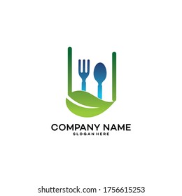 Healthy Food Logo Template design with silverware and leaf- vector.