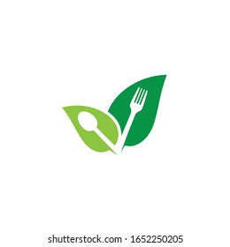 Healthy Food Logo Template, Green Vegetables with Spoon & Fork Logo. 
