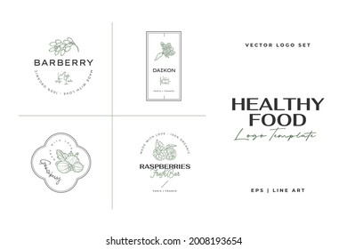 Healthy food logo template. Hand drawn illustrations for for restaurant, bar, vegan, healthy and organic food, market, farmers market, cooking school, food truck, delivery service.