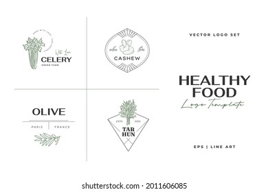 Healthy food logo template. Hand drawn illustrations for for restaurant, bar, vegan, healthy and organic food, market, farmers market, cooking school, food truck, delivery service.