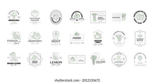 Healthy food logo template. Hand drawn illustrations for for restaurant, bar, vegan, healthy and organic food, market, farmers market, cooking school, food truck, delivery service.