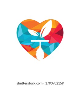 Healthy food logo template. Heart with spoon and leaf symbol.