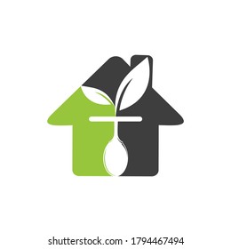 Healthy food logo template. Home with spoon and leaf symbol.