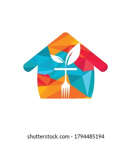 Healthy food logo template. Home with fork and leaf symbol.