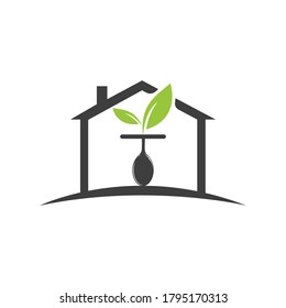 Healthy food logo template. Home with spoon and leaf symbol.