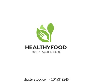 Healthy food logo template. Organic food vector design. Fork, spoon and leaves logotype