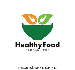 Healthy food logo template. Organic food vector design. Fork, spoon and leaves