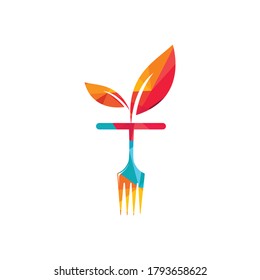 Healthy food logo template. Organic food logo with fork and leaf symbol. 