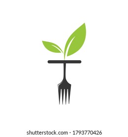 Healthy food logo template. Organic food logo with fork and leaf symbol. 