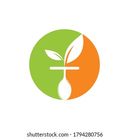 Healthy food logo template. Organic food logo with spoon and leaf symbol. 