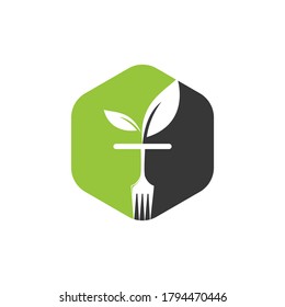 Healthy food logo template. Organic food logo with fork and leaf symbol. 