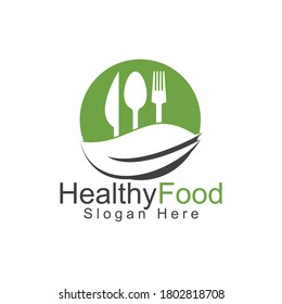 Healthy food logo template. Organic food logo with spoon and leaf symbol.