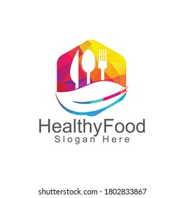 Healthy food logo template. Organic food logo with spoon and leaf symbol.