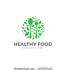 Healthy food logo template vector design with spoons, forks and green leaves, emblem logo or icon
