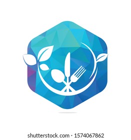 Healthy food logo template vector design with spoons, forks and green leaves.	