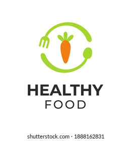 Healthy Food Logo Vector Design, Illustration of Carrot Icon With Circular Spoon and Fork