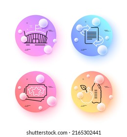 Healthy food, Loyalty points and Arena minimal line icons. 3d spheres or balls buttons. Marketing icons. For web, application, printing. Drink bottle, Bonus coupon, Sport stadium. Article. Vector