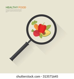 Healthy food in magnifier. Vector Illustration