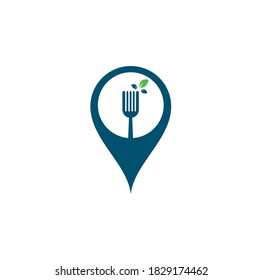 Healthy Food map pin shape concept Logo design. Fork and leaf Logo icon.