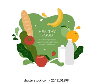 Healthy food meal template. Fruits, vegetables, greens, whole wheat bread, dairy products. Good organic foods, habits eating, fresh diet nutrition. Text banner, poster, foodstuff vector illustration