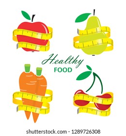 Healthy food. Measuring tape around fresh food. Diet concept. Vector illustration