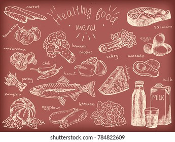 healthy food menu, avocado, broccoli, carrot, celery, cheese, chili, eggplant, eggs, fish, lettuce, milk, mushroom, pumpkin, salmon, tomatoes, trout, onion, pepper