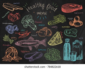healthy food menu, avocado, broccoli, carrot, celery, cheese, chili, eggplant, eggs, fish, lettuce, milk, mushroom, pumpkin, salmon, tomatoes, trout, onion, pepper