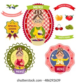 Healthy food menu colorful labels with smiling grandmother in apron fruit and berries cookware isolated vector illustration