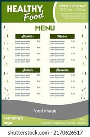 Healthy Food Menu Design Template for printing or display.