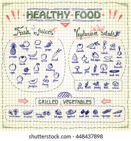 Healthy food menu list with hand drawn assorted fruits and vegetables graphic symbols, vector collection against plaid paper. Fresh juices, vegetarian salads, grilled vegetables