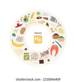 Healthy food micronutrients guide concept. Vector flat illustration. Collection of magnesium product sources. Colorful set of seeds, seafood, vegetables, fruits symbol set.