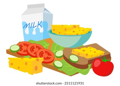 Healthy food. Milk, cheese, tomato, whole wheat bread, rye, cucumber, lettuce, diet, proper nutrition, fat, protein, carbohydrates, lifestyle, healthcare, fitness, weight loss or gain, snack, vitamins
